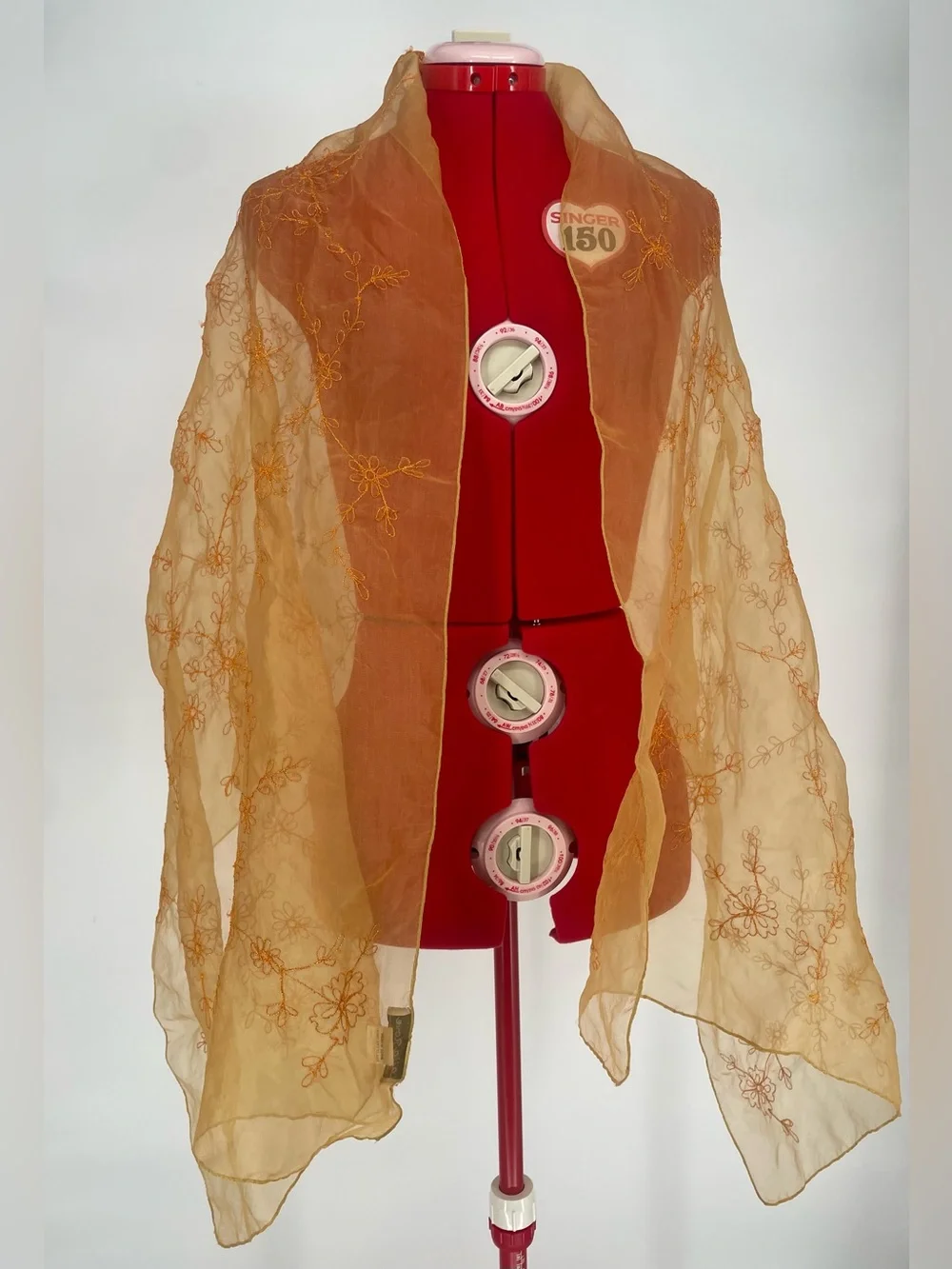 Laila Rowe 100% Silk Golden Orange Large Sheer Organza Embroidered Scarf / Wrap
